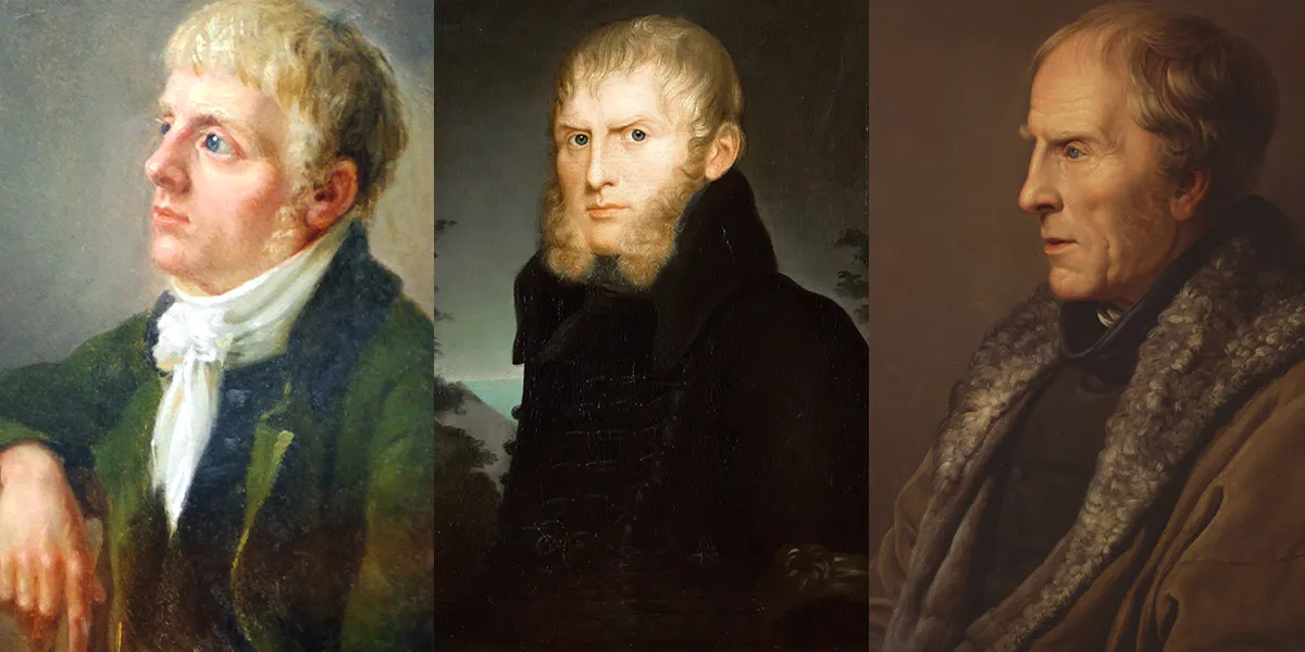 A sinistra: Johann Ludwig Lund (1777-1867), Medaglione con ritratto del giovane Caspar David Friedrich, 1800, Niedersächsisches Landesmuseum Hannover. Foto di pubblico dominio. Al centro: Caroline Bardua (1781-1864), Ritratto del pittore Caspar David Friedrich, 1810, Alte Nationalgalerie, Berlino. Foto di pubblico dominio. A destra: Johann Karl Bähr (1801-1869), Ritratto di Caspar David Friedrich, 1836, Galleria Neue Meister, Dresda. Foto di pubblico dominio
