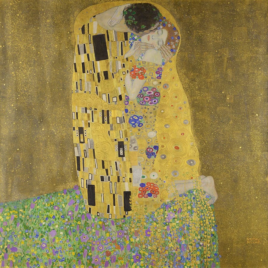 Gustav Klimt, ‘The Kiss’, 1907-08, painted during the artist’s golden period, 180 cm x 180 cm, oil and gold leaf on canvas, Österreichische Galerie Belvedere. Photo: Wiki Commons