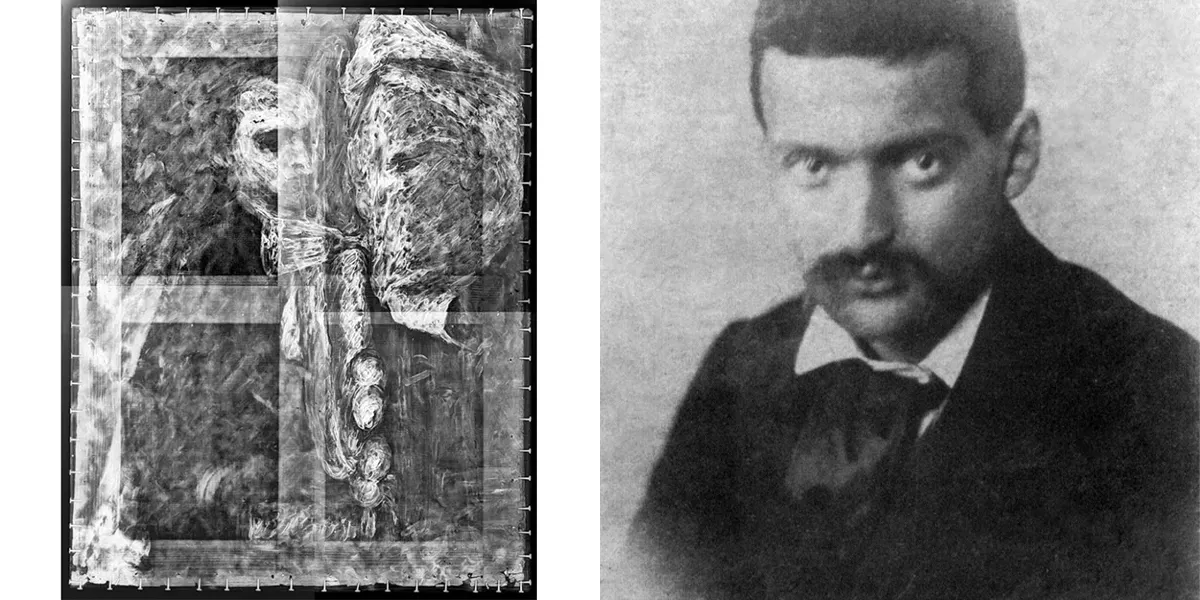 Links: Zusammengefügte Röntgenbilder von "Stillleben mit Brot und Eiern" von Paul Cézanne, aufgenommen am 24. Mai 2022. Foto © Cincinnati Art Museum. Rechts: Fotoporträt von Paul Cézanne, um 1861. Foto gemeinfrei (Detail)