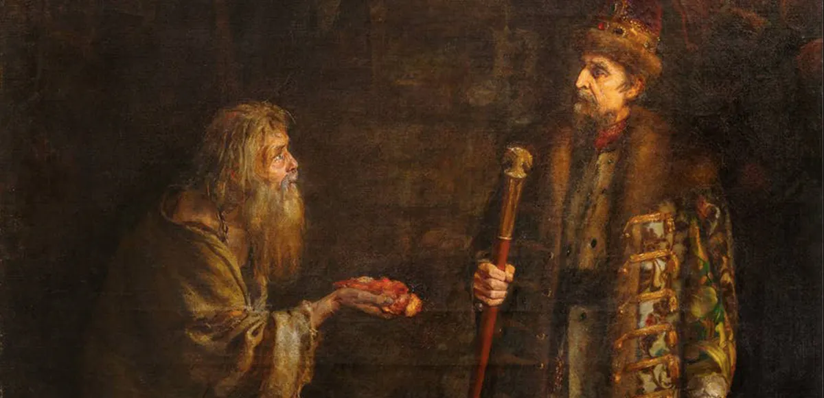 Pjotr Geller (1862-1933), "Der Zar Iwan IV. und der Einsiedler Nikolai Salos" aus der Reihe "Expedition des Zaren Iwan des Schrecklichen nach Pskow", Öl/Lwd., signiert, 1894 | Foto: © Shapiro Auctions (Detail)
