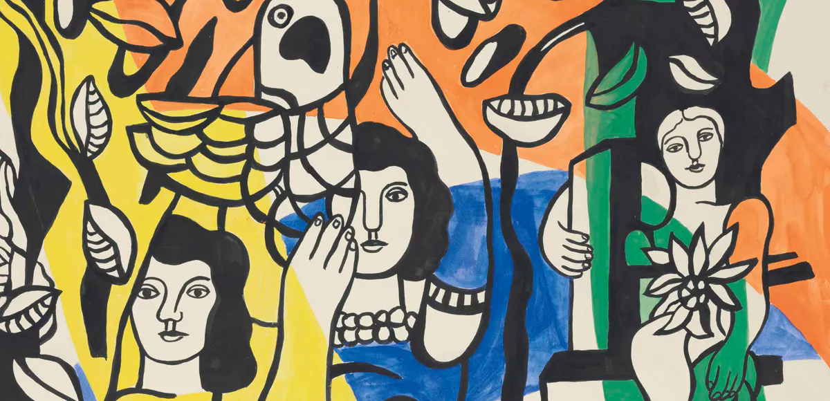 Fernand Léger, Les femmes au perroquet. gouache, acuarela y tinta chica sobre papel, 1951. Vendida en 2017 en Christie's por 401.973. Foto © Christie's vía Barnebys Pricebank