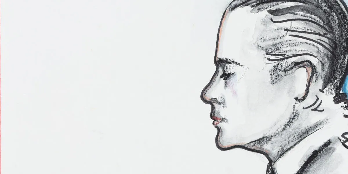 Karl Lagerfeld, 'Self-portrait', New York, October 1986, grease pen, felt pen, watercolour on paper, monogrammed (detail). Image © Sotheby's