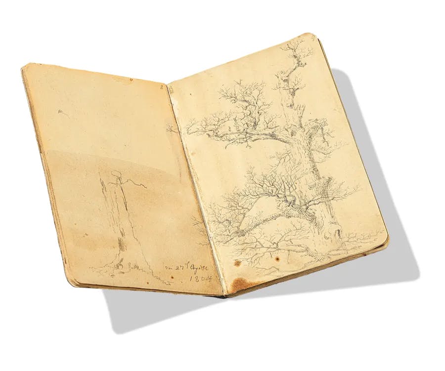 Caspar David Friedrich (1774-1840), 'Karlsruher Skizzenbuch', 1804, skissbok med 20 pergamentblad, varav 33 sidor med blyertsteckningar, varav några är färgade i sepia, enskilda sidor signerade och daterade av konstnären, ca 18,4 x 11,8 cm . Foto © Grisebach