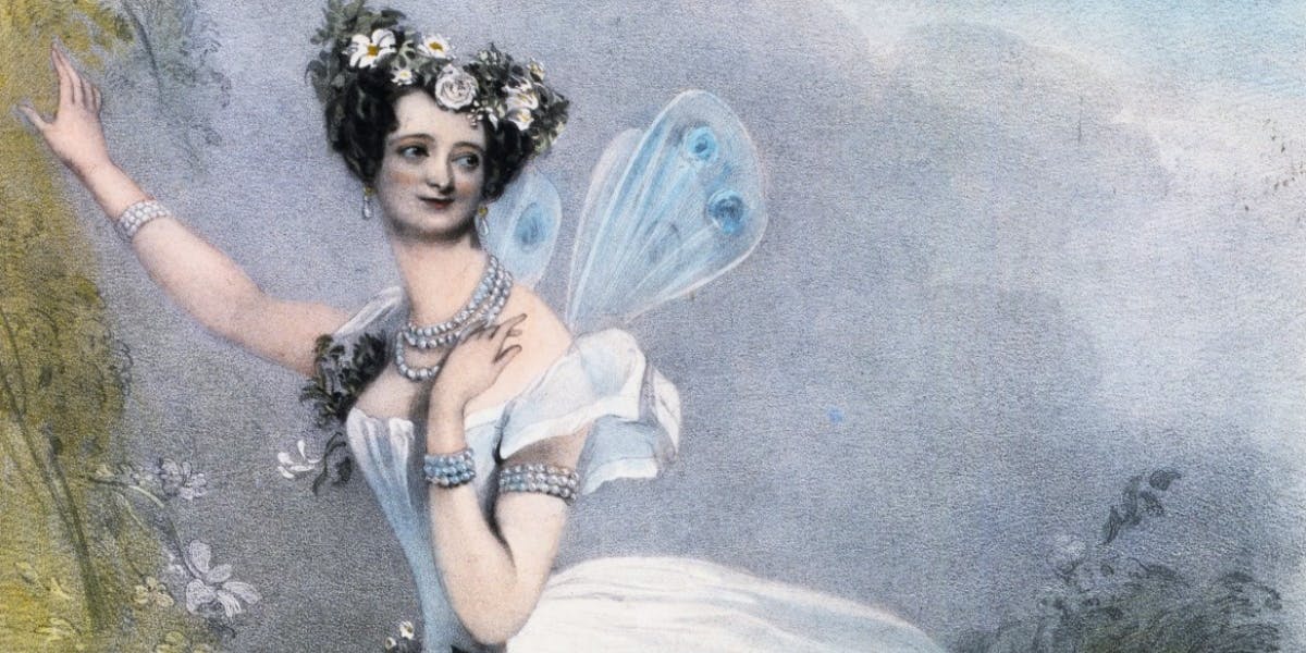 Lithograph by Chalon and Lane of Marie Taglioni as Flora in Didelot's Zéphire et Flore. London, 1831 (Victoria and Albert Museum/Sergeyev Collection). Public domain image (detail)