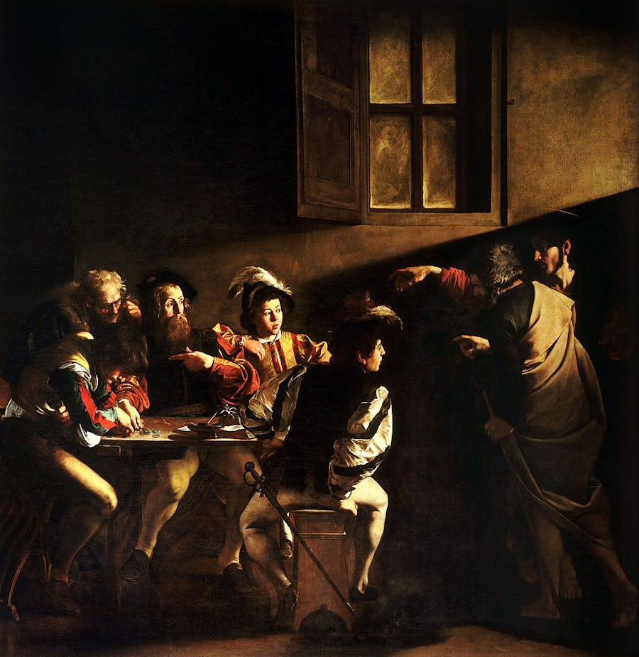 Caravaggio (1571-1610), ‘The Calling of St. Matthew’, 1599-1600, Oil on Canvas, 322 cm x 340 cm, San Luigi dei Francesi in Rome. Public domain image
