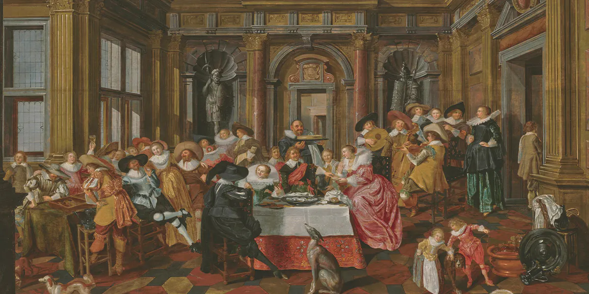 Dirck Hals (Haarlem 1591–1656) e Dirck van Delen (Heusden 1604/5-1671 Arnemuiden), "Un'allegra compagnia in un interno sontuoso, con musicisti e suonatori di tric-trac", firmato e datato 'D. van Delen / fecit / 1628' (al centro, cartiglio sopra la porta), olio su tavola, 92,5 x 157 cm. Foto © Christie's (dettaglio)