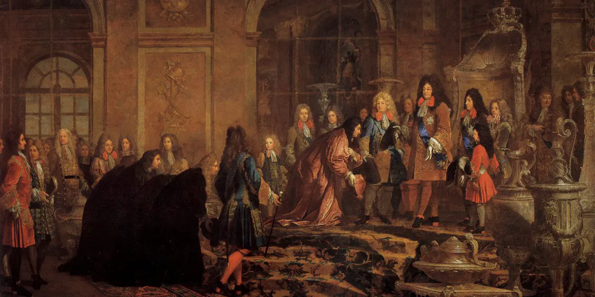 Claude-Guy Hallé (1652-1736), Luigi XIV riceve il Doge di Genova a Versailles il 15 maggio 1685, Reggia di Versailles. Foto di pubblico dominio (dettaglio)