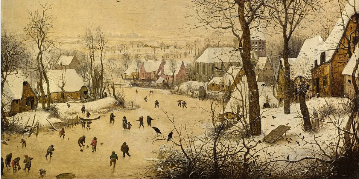 Pieter Bruegel the Elder, Winter Landscape with Ice skaters and Bird trap. 1565, oil paint, oak panel. 37 cm (15 in) × 55.5 cm (21.9 in). Royal Museums of Fine Arts of Belgium. Public domain image (detail)