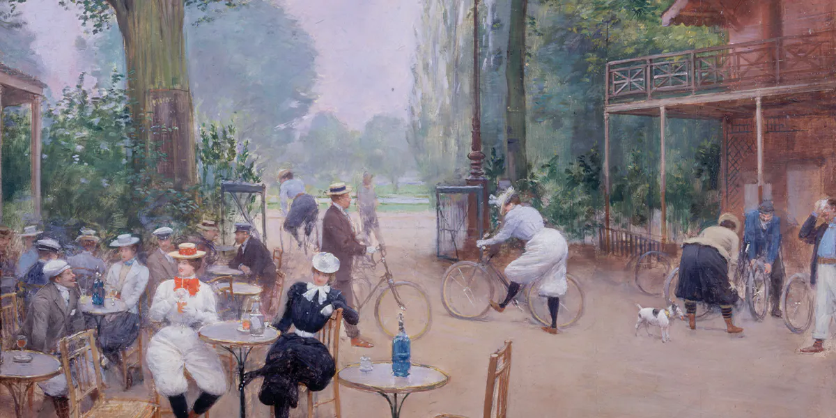 Jean Béraud (1849-1935), Le Chalet du Cycle au bois de Boulogne, 1900, olio su tela, 63 x 74,5 cm, Musée Carnavalet, Parigi. Foto di dominio pubblico (dettaglio)