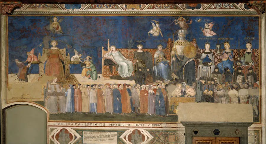 Ambrogio Lorenzetti, Allegory of Good Government, 1338–39, fresco, Sala dei Nove, Palazzo Pubblico, Siena. Image public domain

