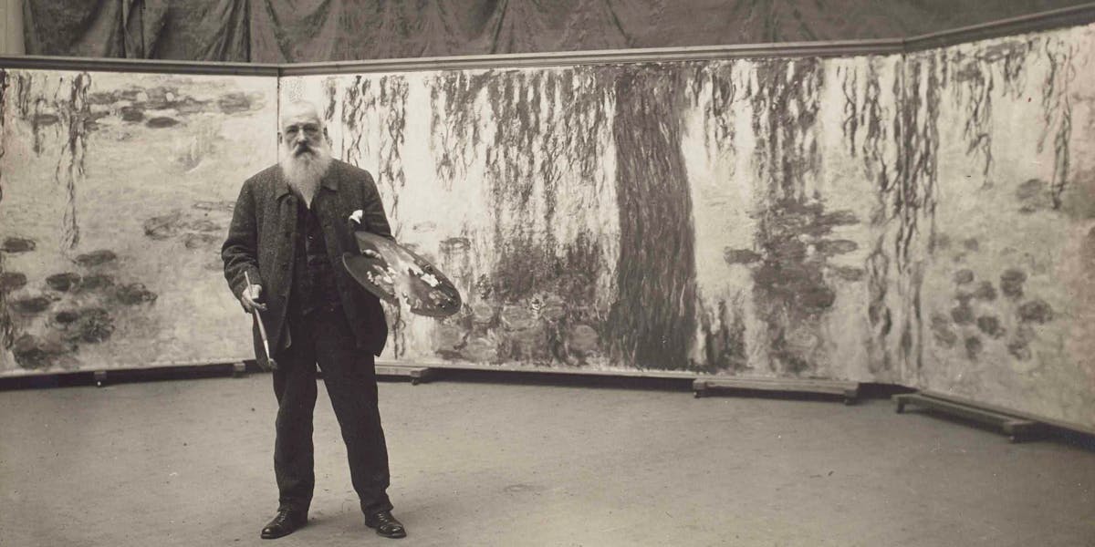 Claude Monet with his palette in front of his work ‘Les nymphéas’, 1920s, attributed to Henri Manuel. Photo © Christie’s