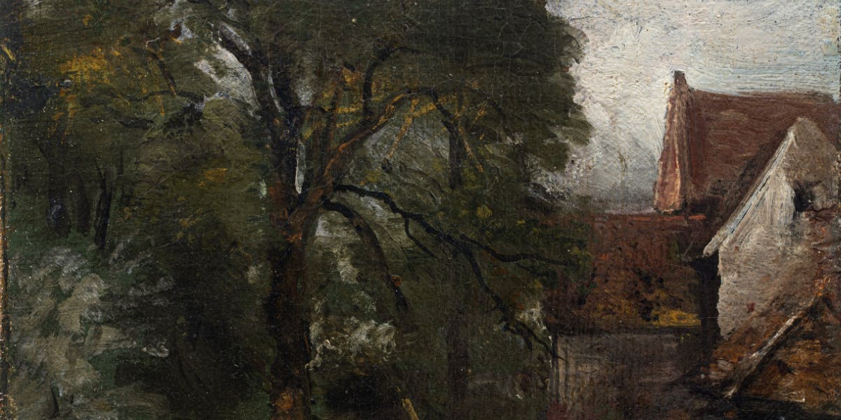 John Constable RA (English, 1776-1837), View of the back of Willy Lott's House with Log-cutter, 1814, oil on canvas laid on canvas,  11 ½ x 9 5/8in. Photo © Martel Maides Auctions (detail)