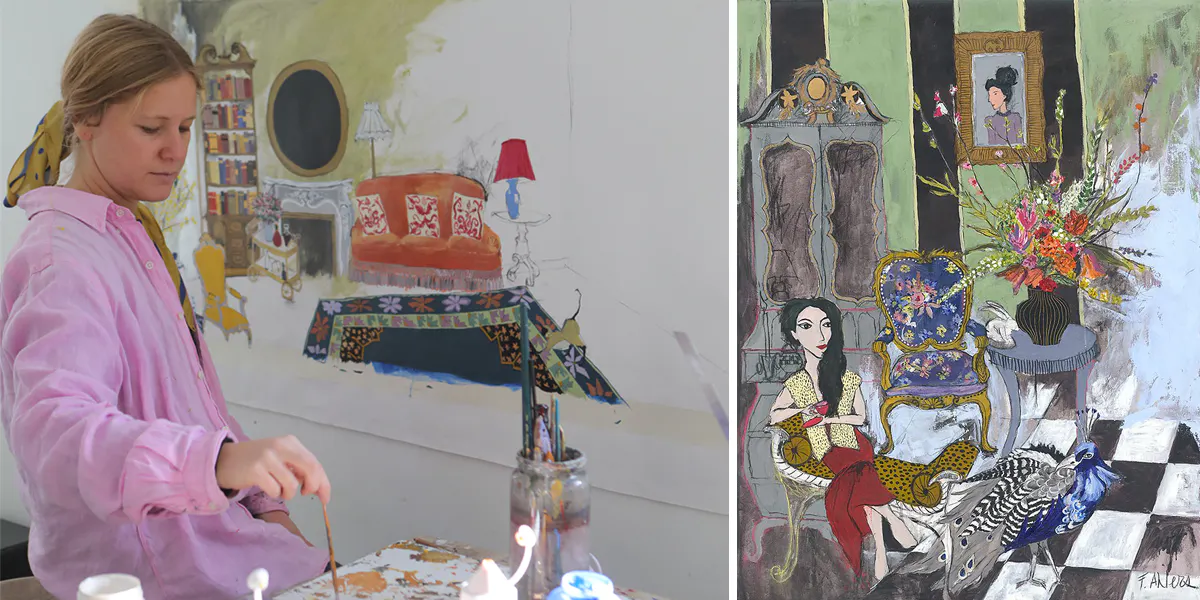 Left: Portrait of artist Francisca Ahlers in her studio. Right: Francisca Ahlers, ‘The Peak of Chic’, acrylic and charcoal on canvas. Photos: Villa del Arte