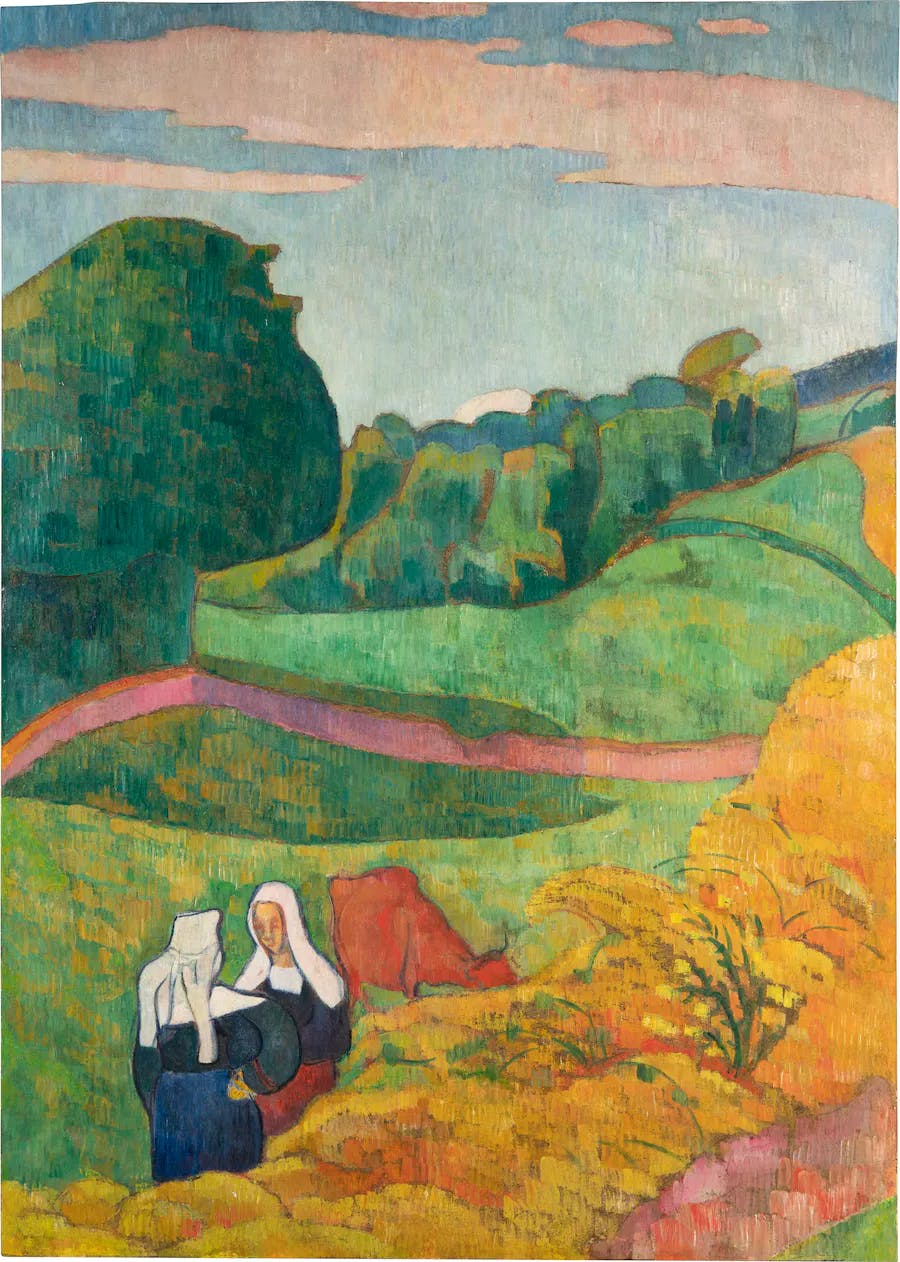 Émile Bernard, 'Paysage de Bretagne (Paysage avec deux Bretonnes et vache)', 1892, estimate $1.5-2.5 million. Image © Phillips
