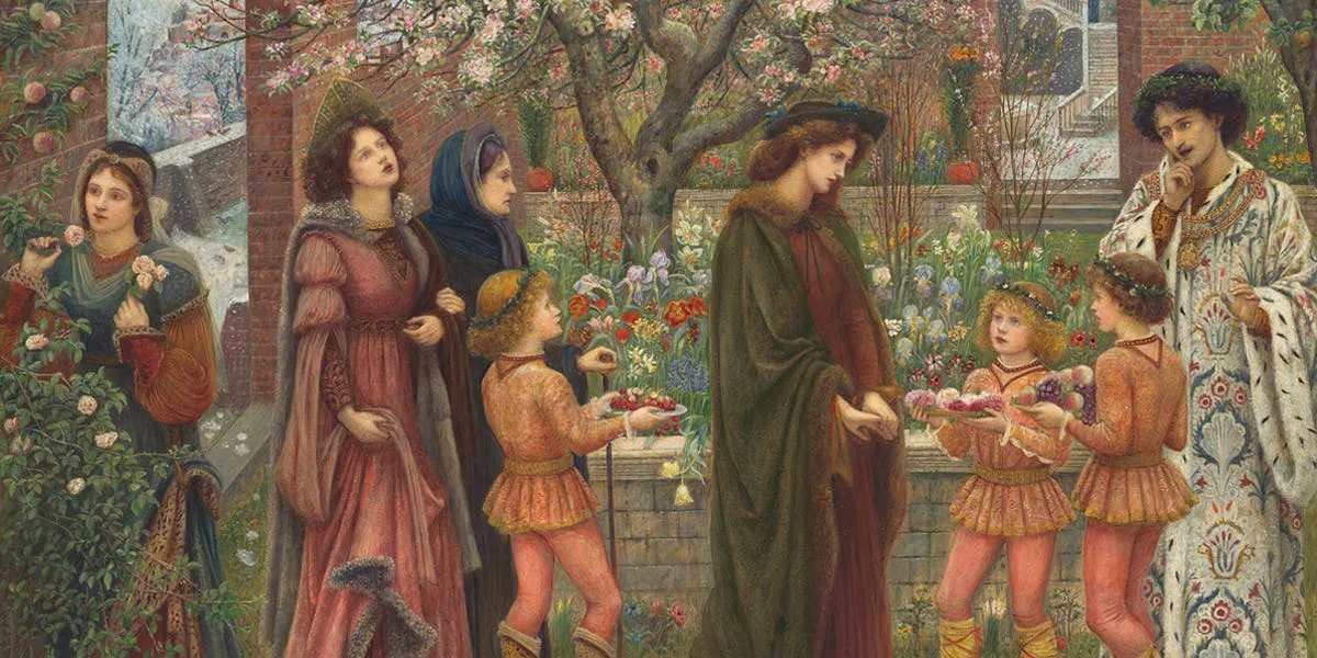 Marie Spartali Stillman (1844-1927), ‘The Enchanted Garden’ [detalj], 1889, blyerts och akvarell på papper. Foto © Christie's