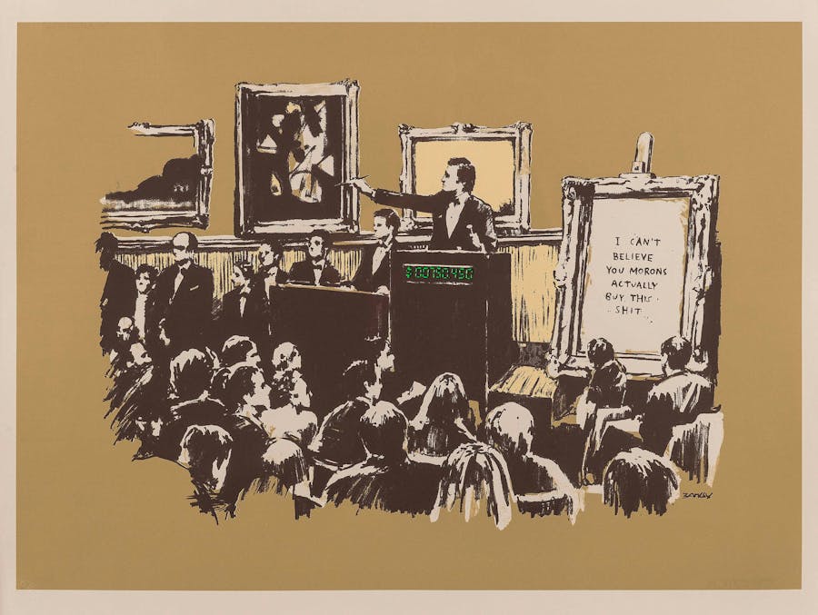 Banksy (1974-), ‘Morons’, 2007, screenprint in colour on paper, 56 x 75.5 cm. Image © Forum Auctions