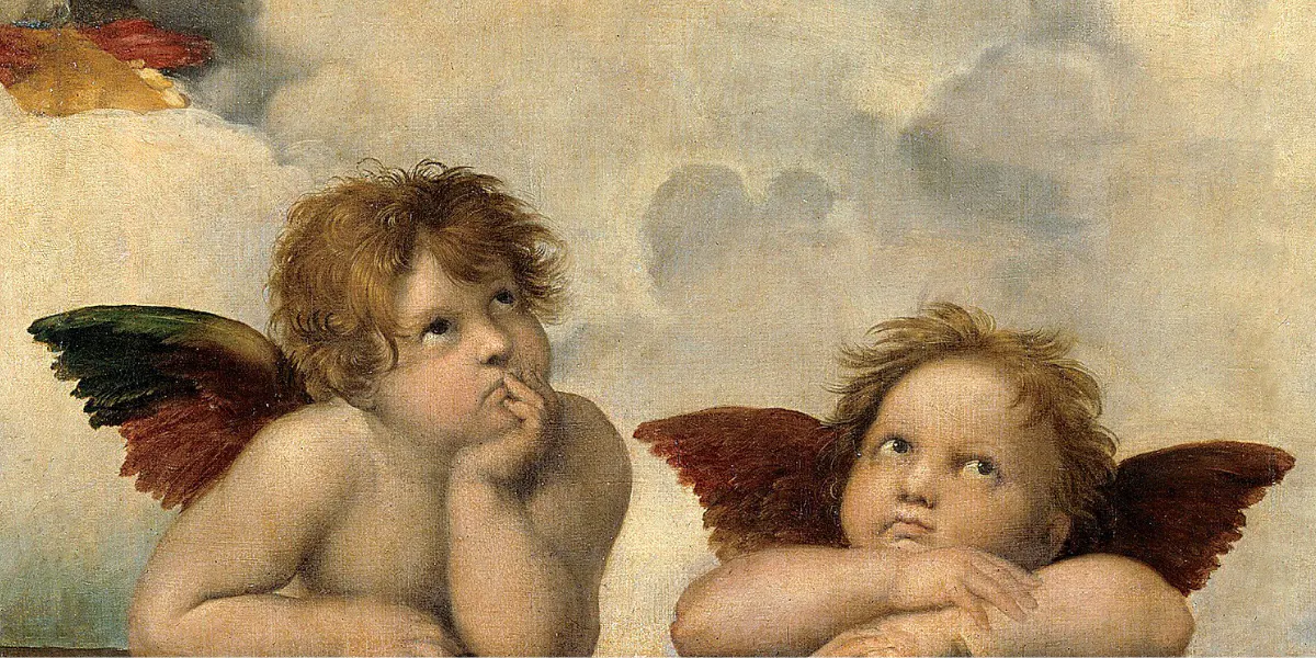 I due angeli del dipinto di Raffaello “Madonna Sistina”, 1512-13, olio su tela, 256 x 196 cm, Gemäldegalerie Alte Meister, Dresda. Foto di pubblico dominio (dettaglio)