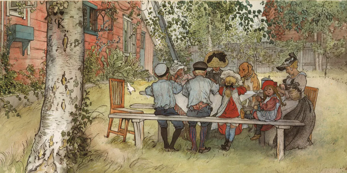 Carl Larsson (1853-1919), Frukost under stora björken, akvarell ur boken Ett hem från 1899. Foto public domain (detalj).