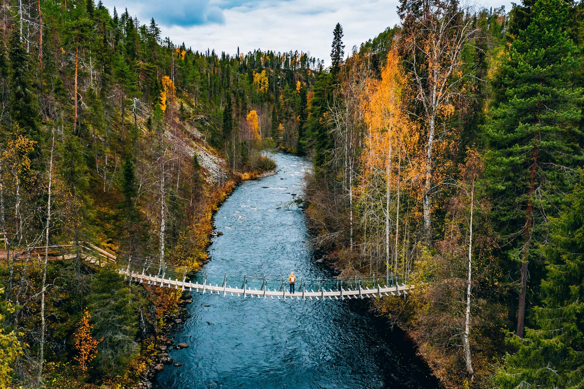 A wooden suspension bridge over a river in a Finnish forest in autumn