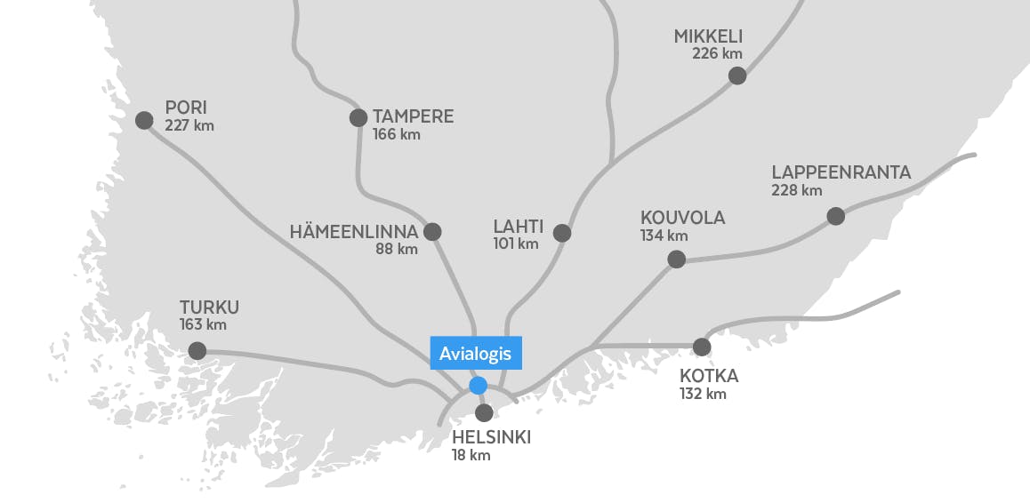 Kartta Avialogiksen etäisyyksistä suomalaisiin kaupunkeihin