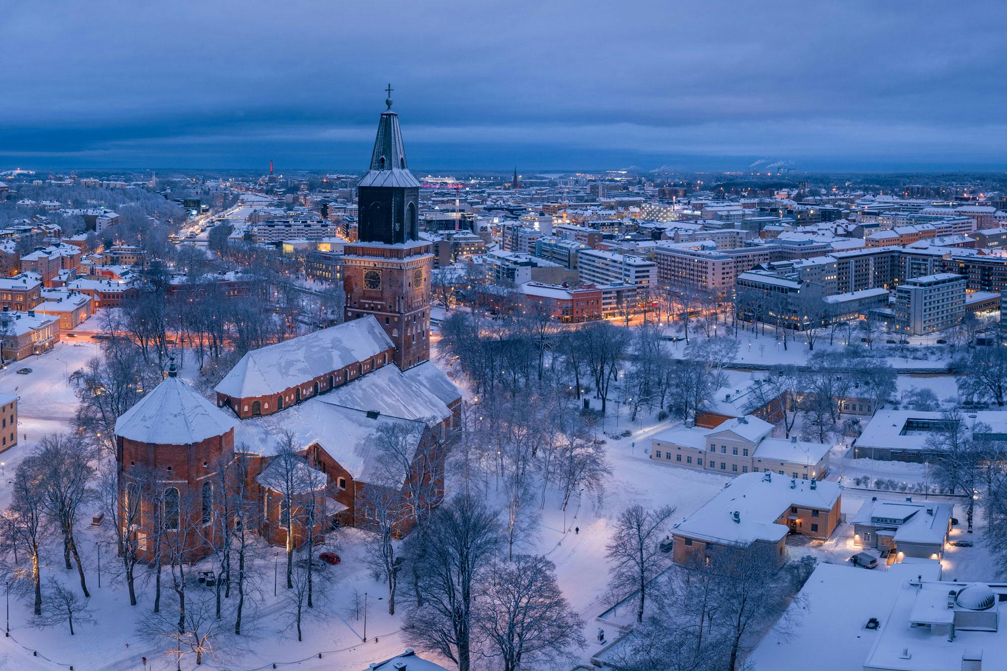 View over city of Turku in winter