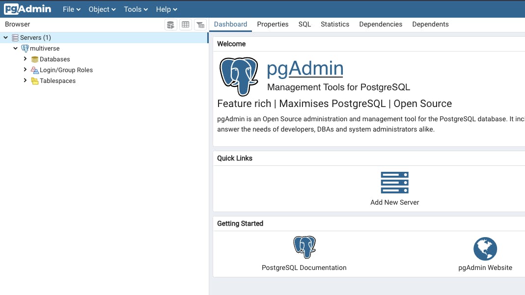 pgAdmin 4 dashboard