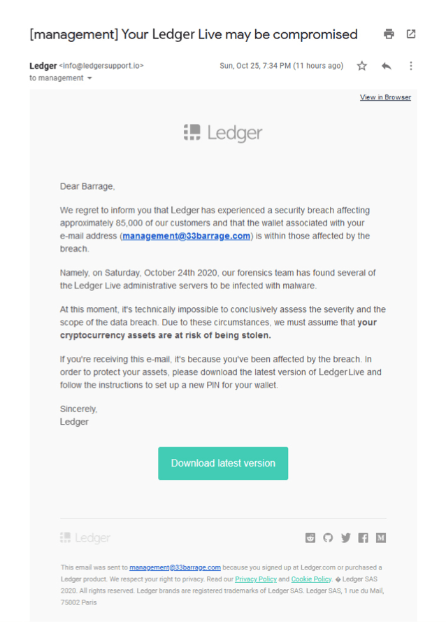 Ledger wallet phishing attack attempt Ledger wallet phishing attack attempt
