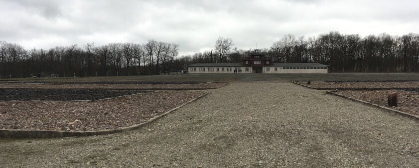 Auf einem Foto ist ein breiter Weg zu den Toren der Gedenkstätte und dem ehemaligen KZ Buchenwald zu sehen.