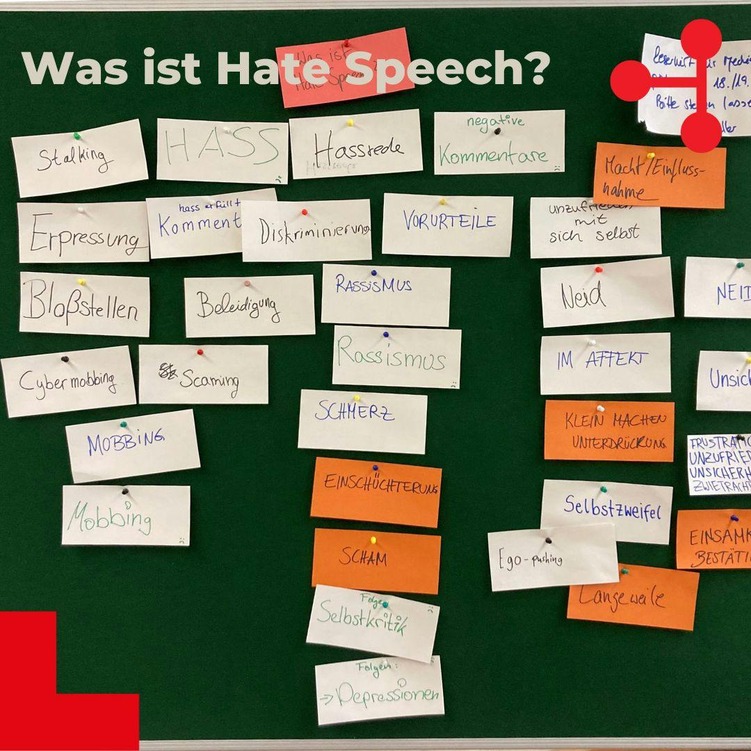 A bulletin board says "What is Hate Speech?" at the top. There are many white and orange moderation cards on the pinboard. They have answers to the question., e.g. hate, discrimination, racism etc.