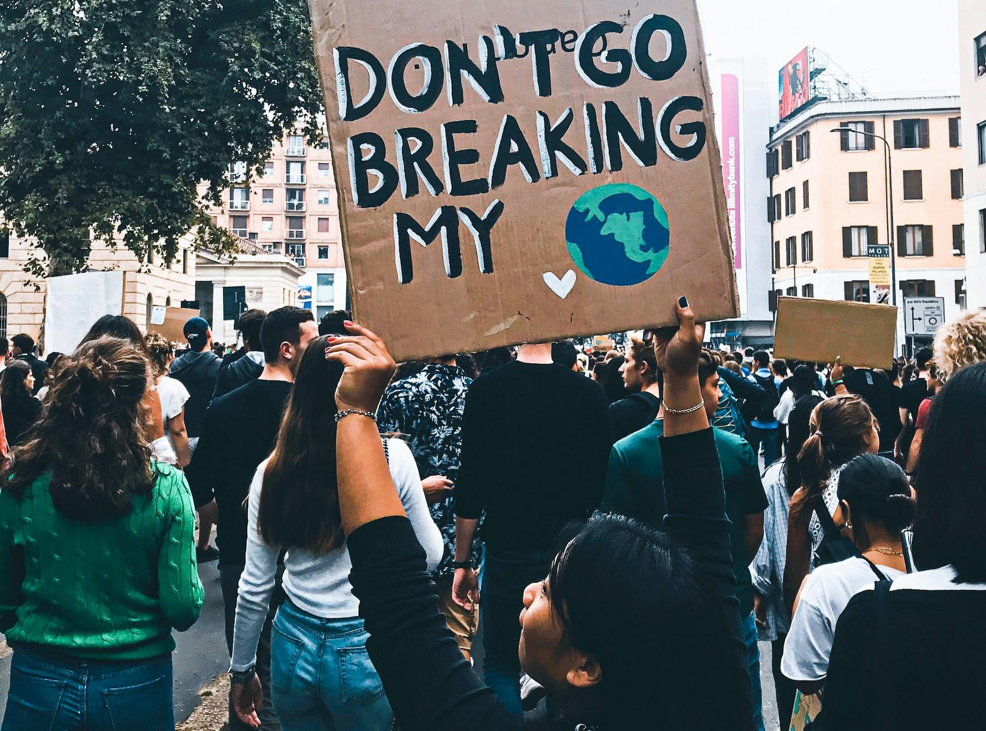 Es ist ein Foto von einer Klimademo zu sehen. Darauf hält eine Person ein Plakat mit der Aufschrift, "Don't go breaking my ..." und anstelle von Herz ist dann eine Erde gemalt.
