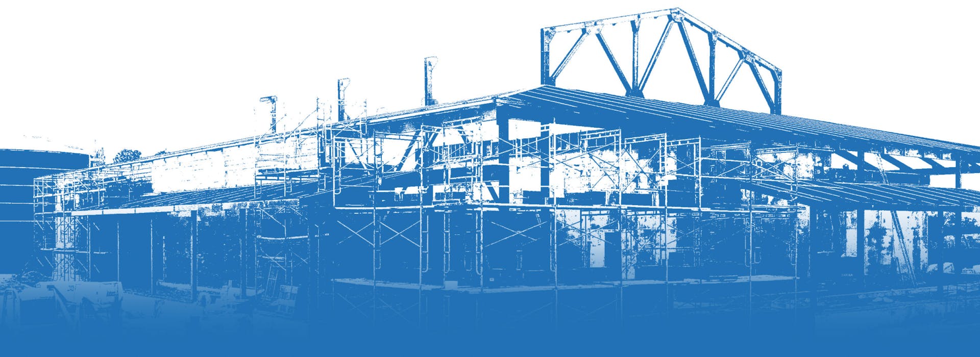 Graphic blue and white image of a framed building