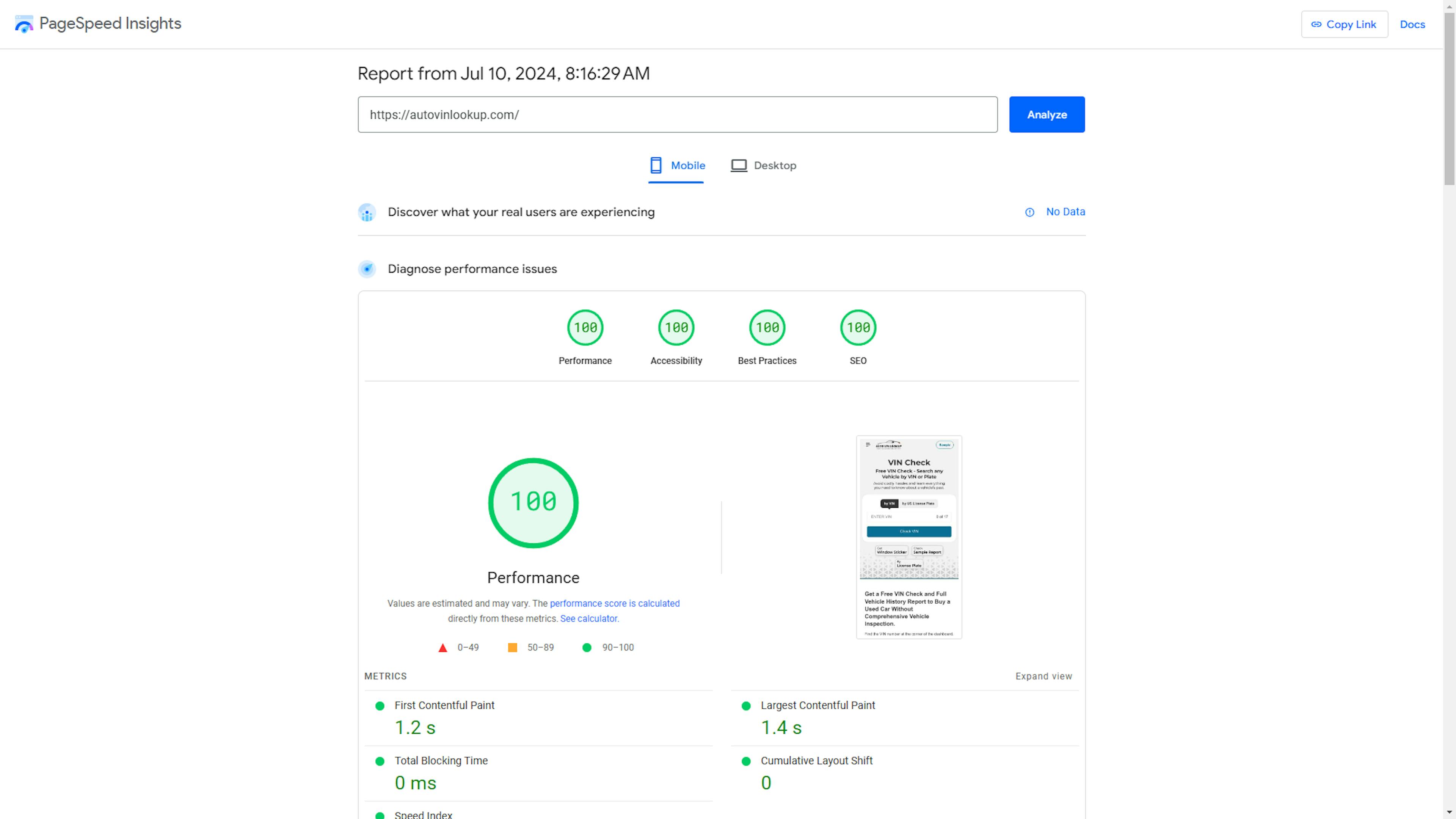 Auto VIN Lookup Mobile Score