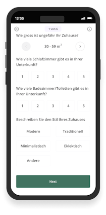 Telefonbildschirm zeigt das Batmaid-App-Onboarding-Fragebogen.