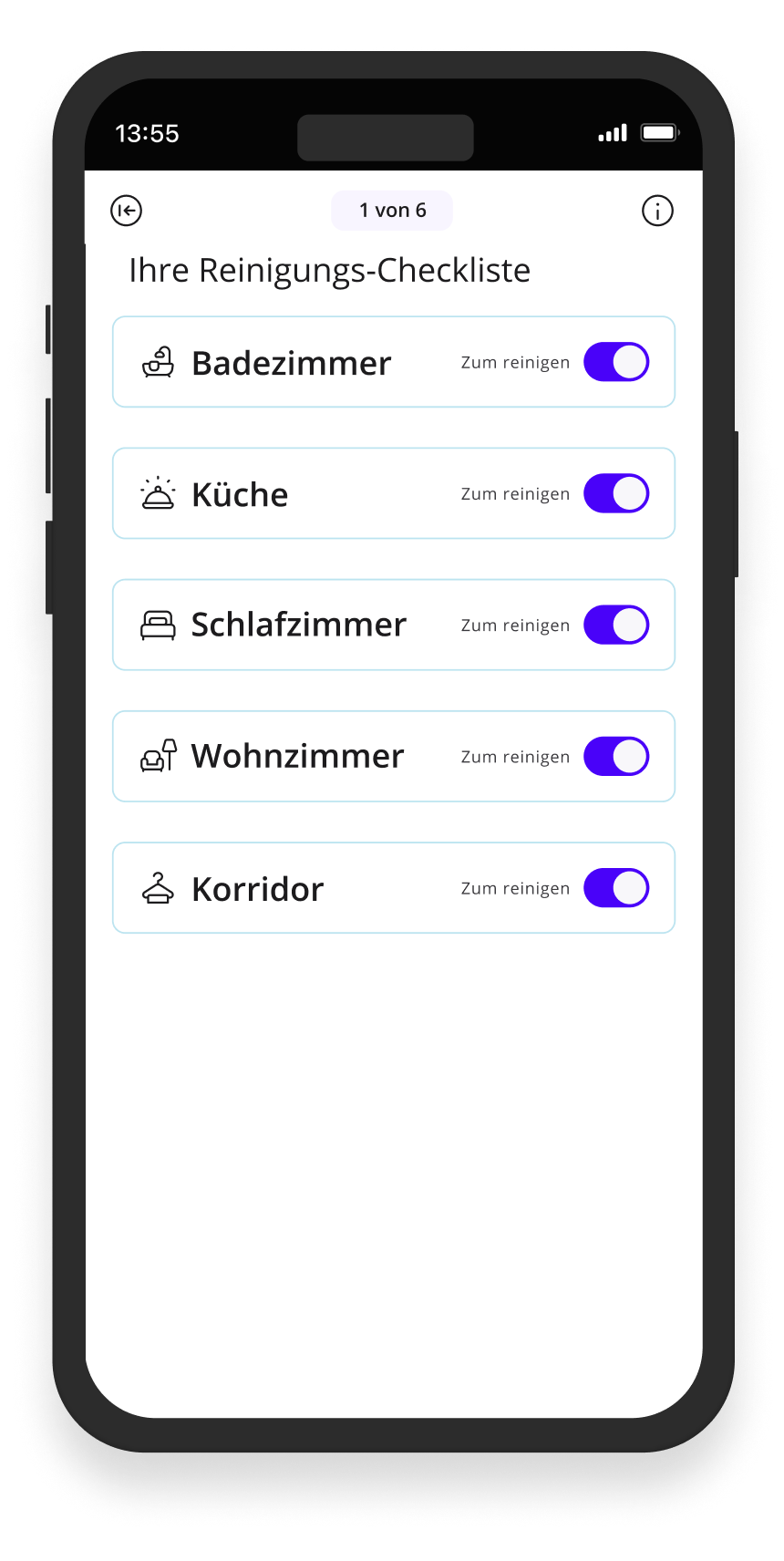 Batmaid-App-Hauptseite für Checklisten mit angezeigten Raumtypen.