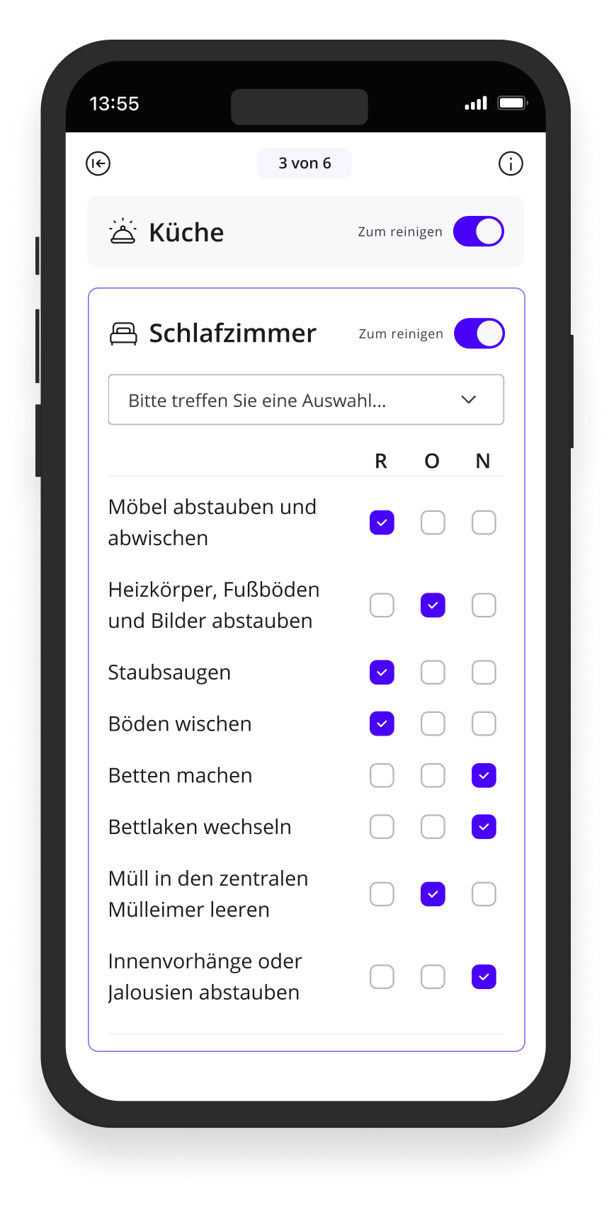 Batmaid-App-Checkliste für spezifischen Raumtyp (Badezimmer).