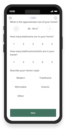 Phone screen displaying Batmaid app onboarding questionnaire.