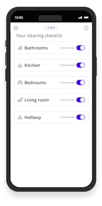 Batmaid app checklist main page with room types displayed.