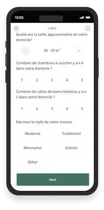 Écran de téléphone affichant le questionnaire de mise en route de l'application Batmaid.