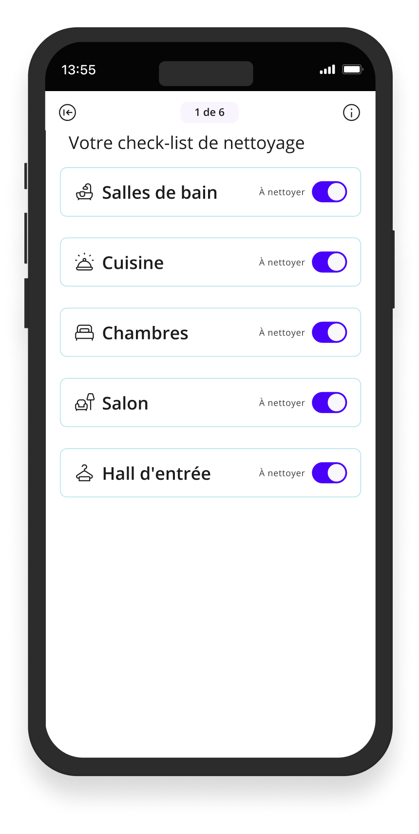 Page principale de la liste de contrôle de l'application Batmaid avec les types de pièces affichés.