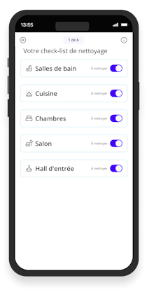 Page principale de la liste de contrôle de l'application Batmaid avec les types de pièces affichés.