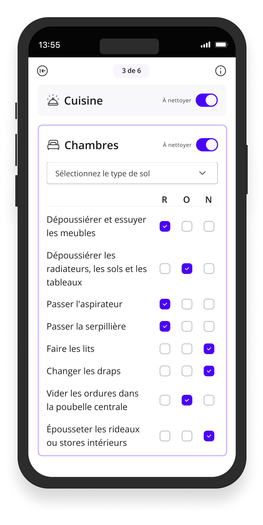 Liste de contrôle de l'application Batmaid pour un type de pièce spécifique (salles de bains).