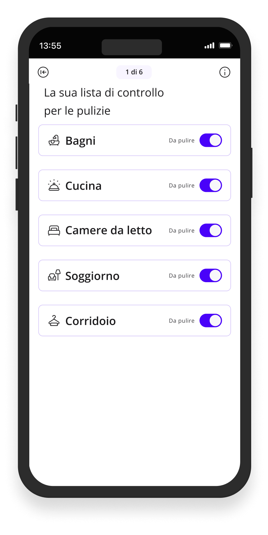 Pagina principale della checklist dell'app Batmaid con i tipi di stanze visualizzati.