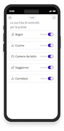 Pagina principale della checklist dell'app Batmaid con i tipi di stanze visualizzati.
