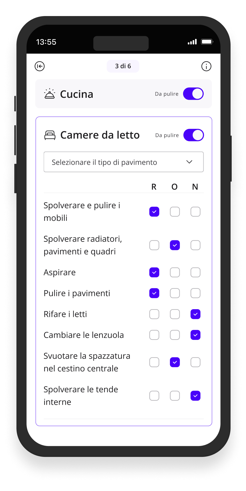 Checklist dell'app Batmaid per un tipo di stanza specifico (bagni).