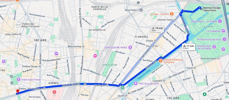 Trajet Rapide entre Paris 18ème et Batman Escape