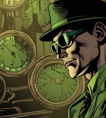 Le Riddler devant des horloges
