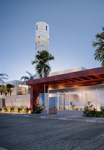 Entrada elegante e moderna do Mondrian Smart House, destacada por arquitetura contemporânea e iluminação sofisticada.