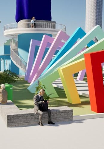 Espaço público vibrante e moderno, com arte interativa e áreas de convivência.