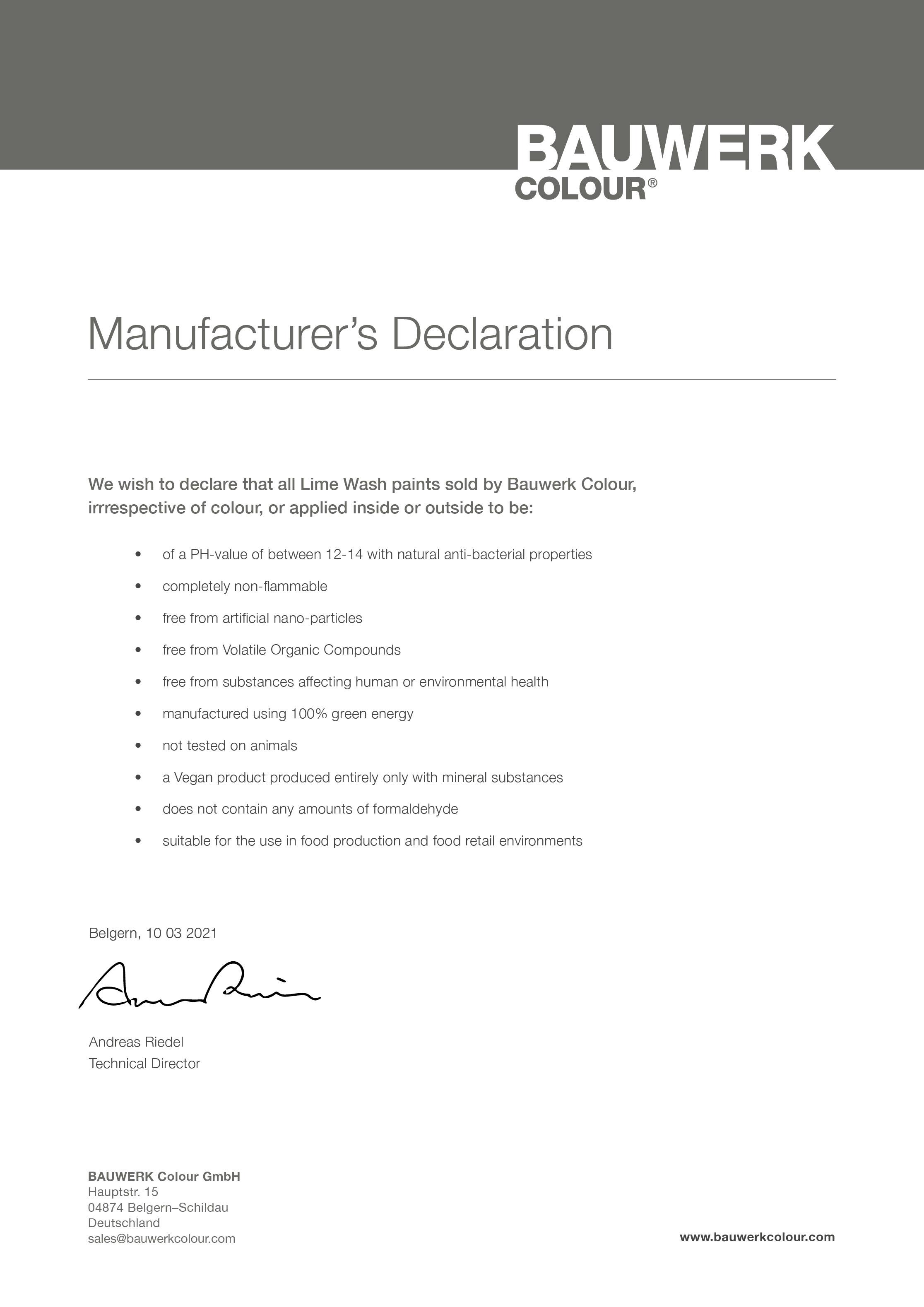 Bauwerk Colour Manufacturers Declaration