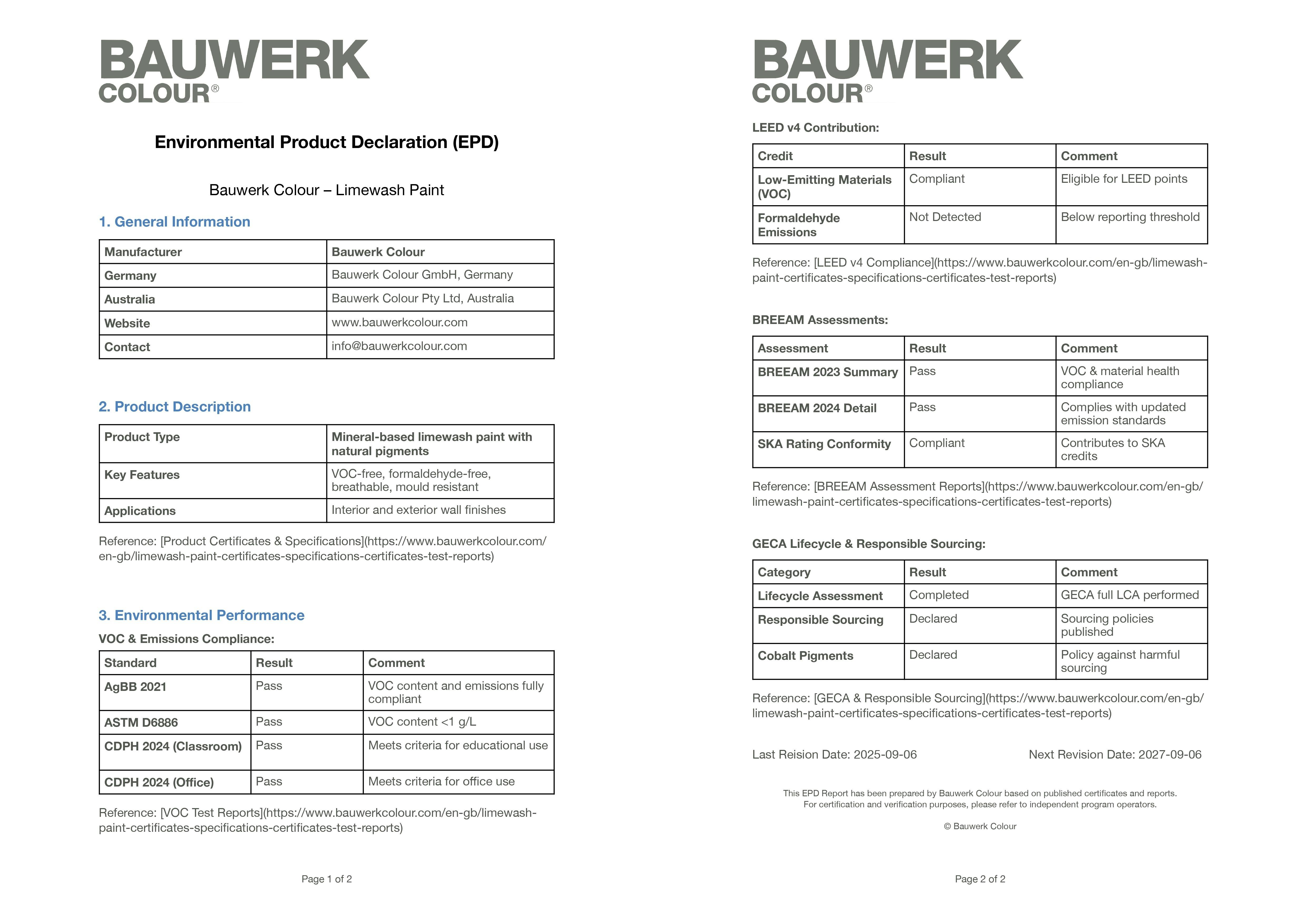 Bauwerk Colour Environmental Product Declaration (EPD) for Limewash Paint